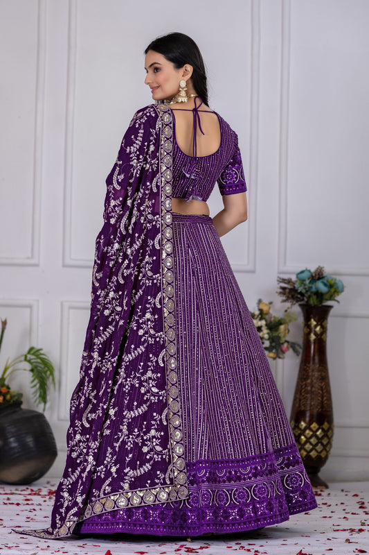 "Royal Purple Velvet Embroidered Lehenga Choli with Sequins & Zari Dupatta – Bridal & Festive Wear"
