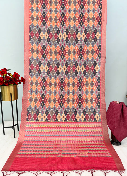 Elegant Diamond Pattern Mysore Silk Saree in Pink & Maroon Tones *PHMS 16*