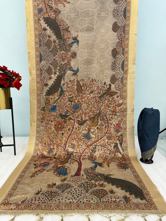 Handwoven Kalamkari Pallu Silk Saree with Majestic Peacock & Tree of Life Motif *PHMS 07*