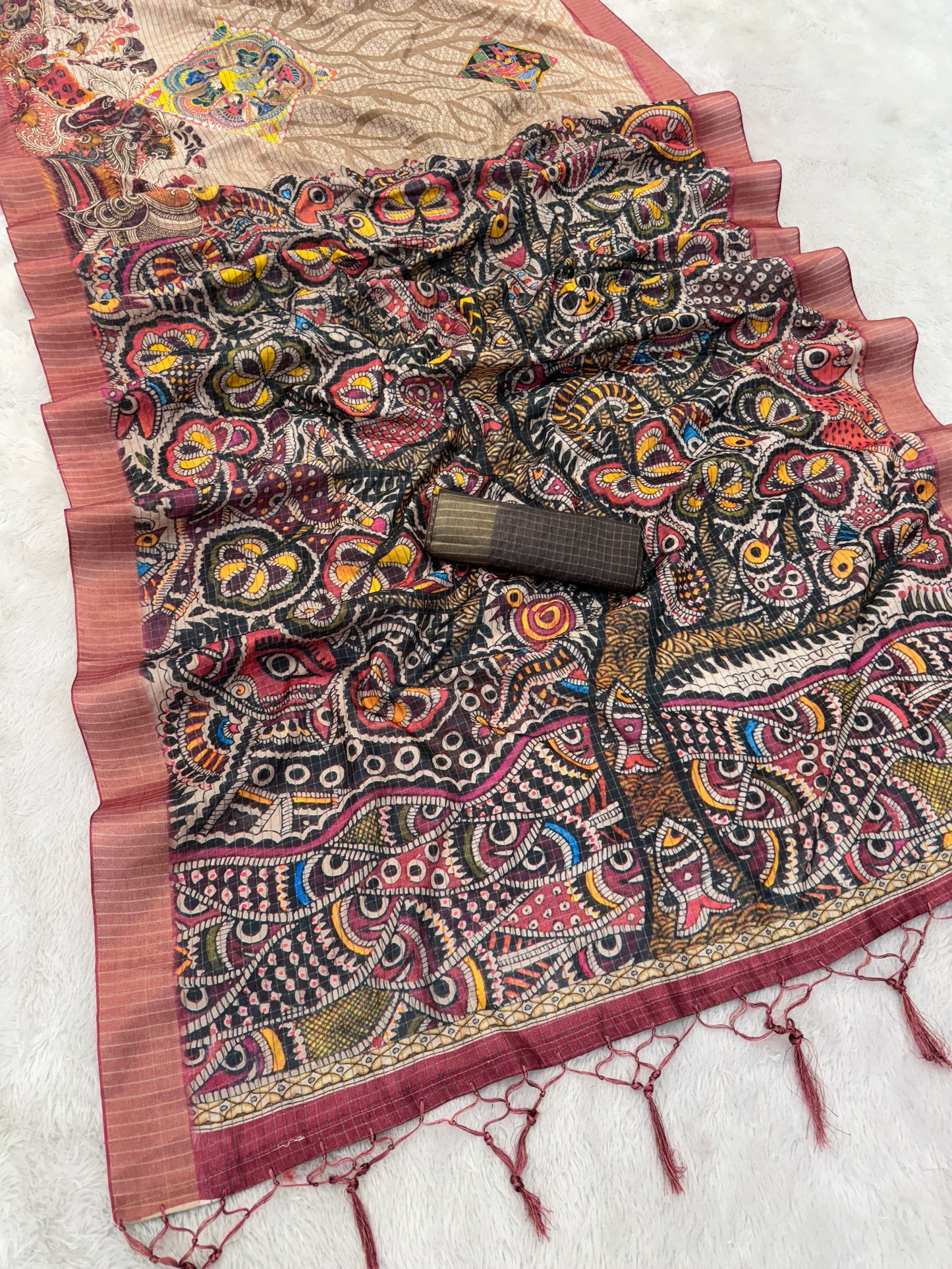 Handcrafted Madhubani-Inspired Silk Saree in Beige & Brown *PHMS 09*