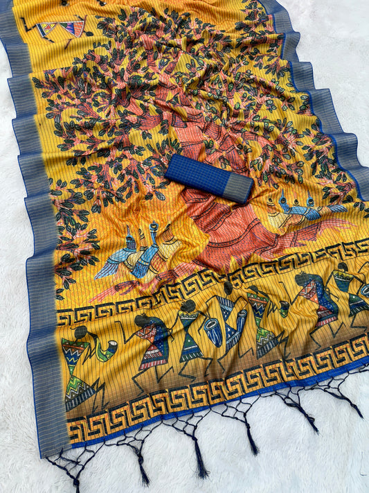 Tribal Art Inspired Orange Mysore Silk Saree with Tree & Village Motifs *PHMS 17*