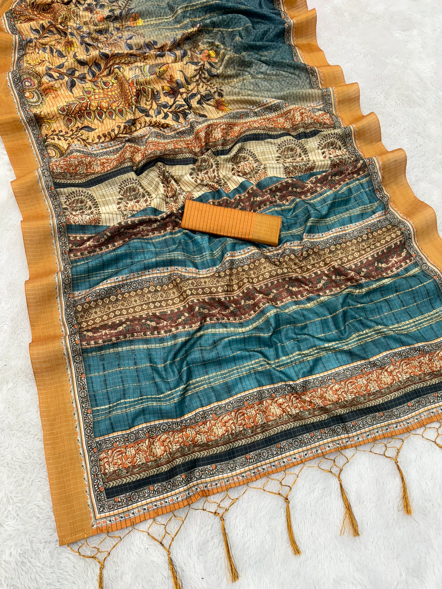Elegant Kalamkari Print Mysore Silk Saree in Royal Blue & Mustard *PHMS 18*