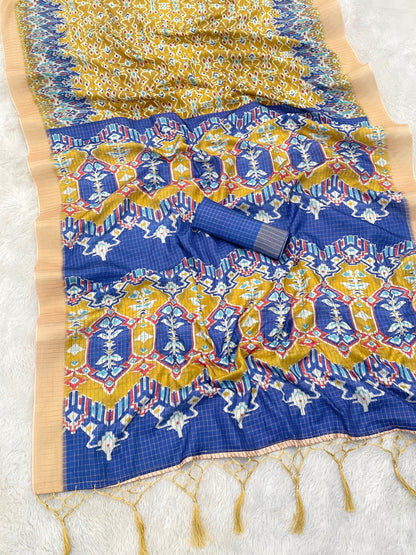 Vibrant Yellow & Royal Blue Mysore Silk Saree with Ikat-Inspired Geometric Pallu *PHMS 05*