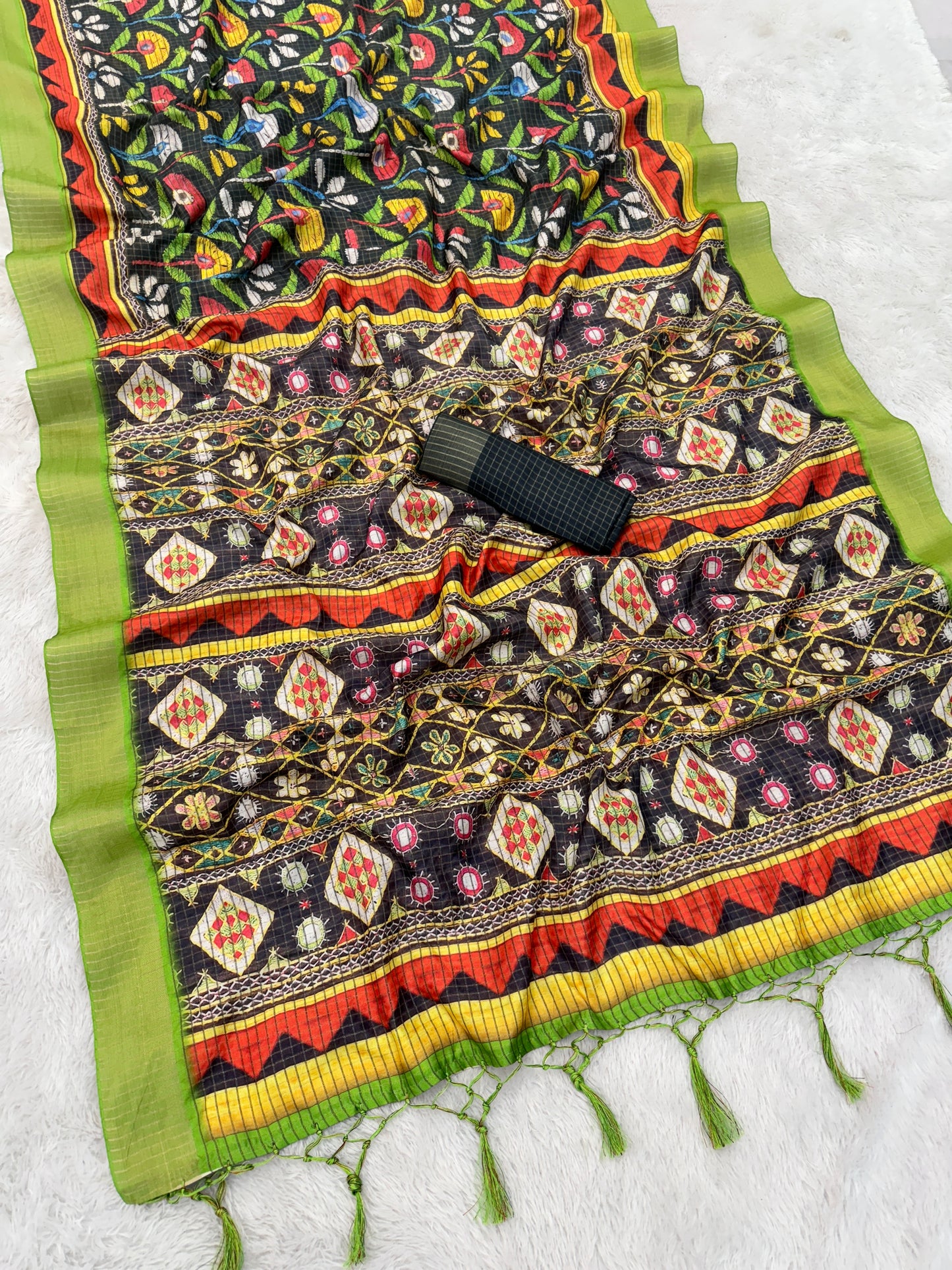 Vibrant Handloom Mysore Silk Saree with Multicolor Traditional Motifs & Green Border *PHMS 15*