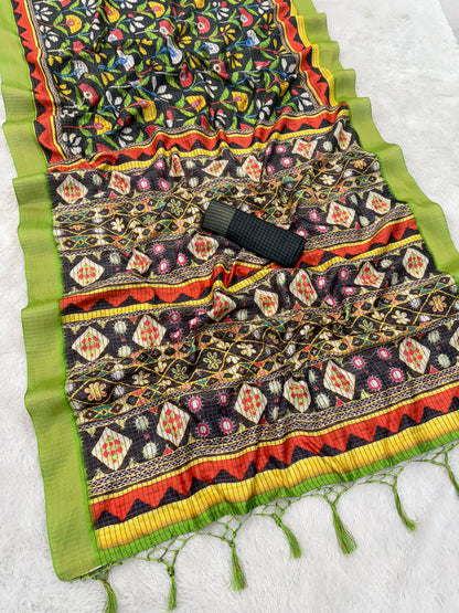 Vibrant Handloom Mysore Silk Saree with Multicolor Traditional Motifs & Green Border *PHMS 15*