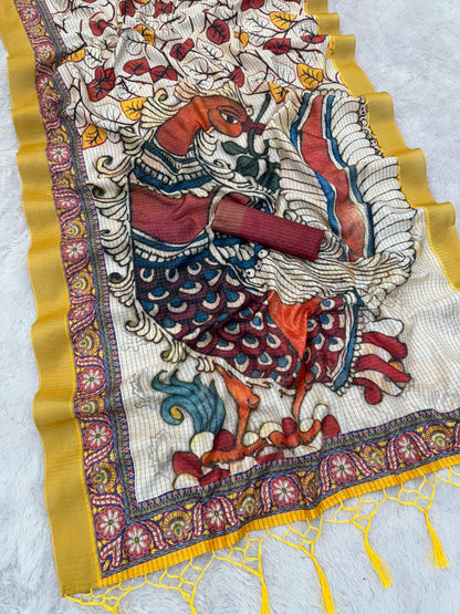 Madhubani Art Inspired Cream Mysore Silk Saree with Mustard Border *PHMS 13*