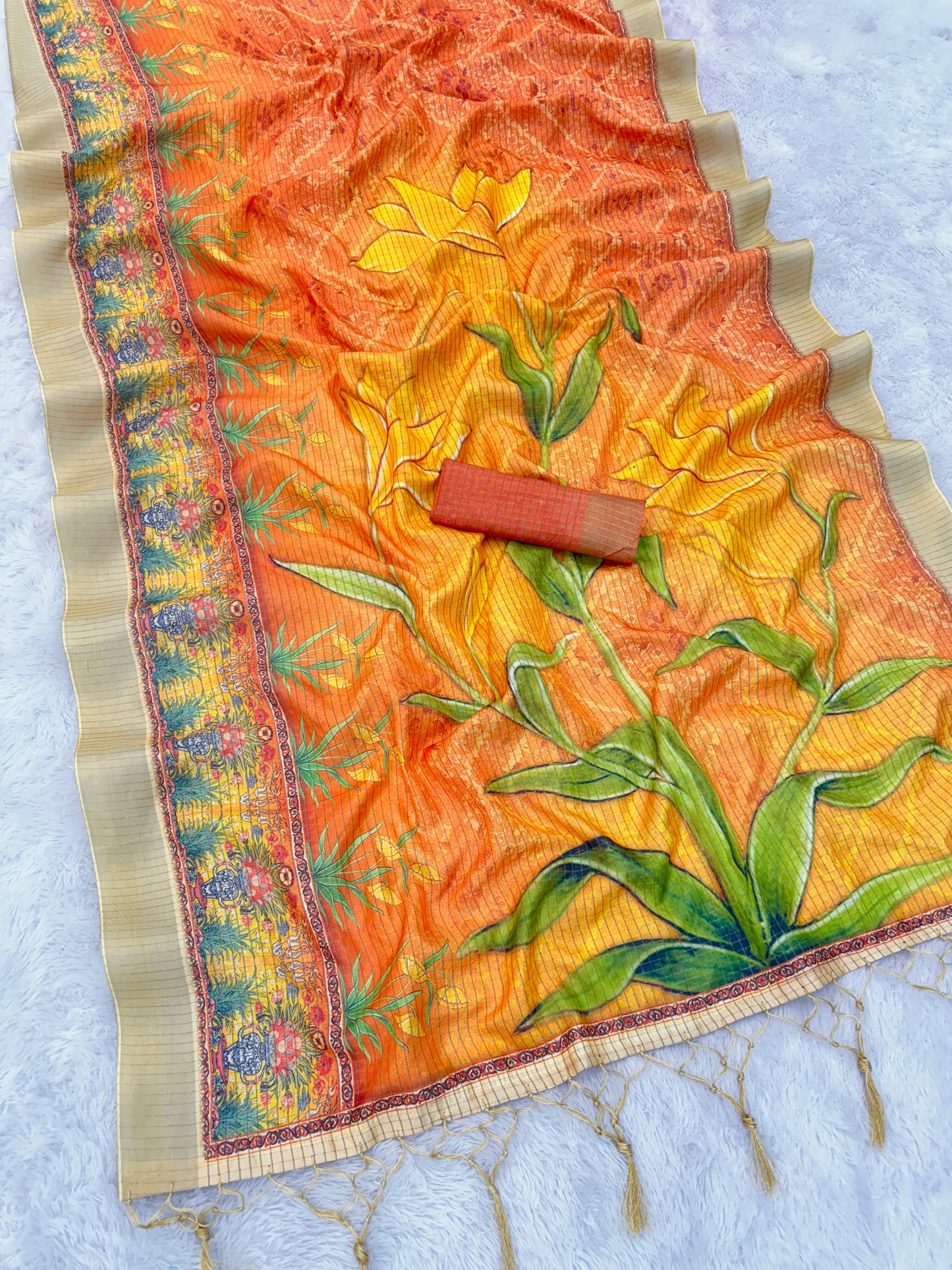 Vibrant Orange Floral Printed Mysore Silk Saree with Beige Border *PHMS 12*