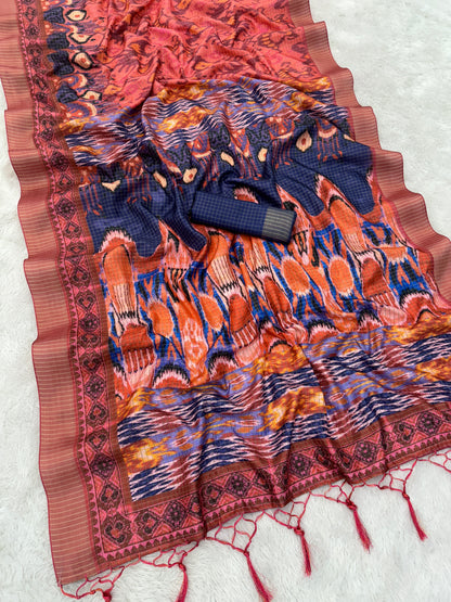 Peach & Blue Mysore Silk Saree with Ikat Print and Ornate Border *PHMS 11*