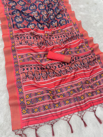 Handwoven Patola-Inspired Silk Saree in Navy Blue & Rust Red *PHMS 08*