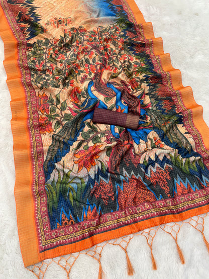 Peacock Paradise Mysore Silk Saree with Orange Border & Nature Motif *PHMS 20*