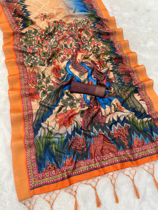 Peacock Paradise Mysore Silk Saree with Orange Border & Nature Motif *PHMS 20*
