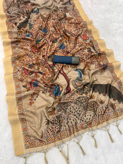 Handwoven Kalamkari Pallu Silk Saree with Majestic Peacock & Tree of Life Motif *PHMS 07*