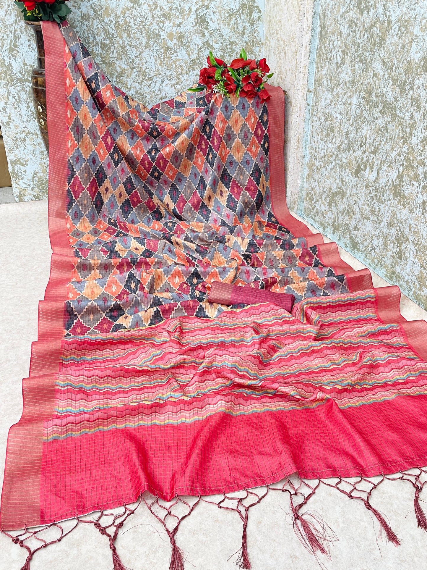 Elegant Diamond Pattern Mysore Silk Saree in Pink & Maroon Tones *PHMS 16*