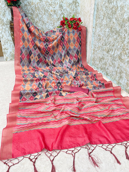 Elegant Diamond Pattern Mysore Silk Saree in Pink & Maroon Tones *PHMS 16*