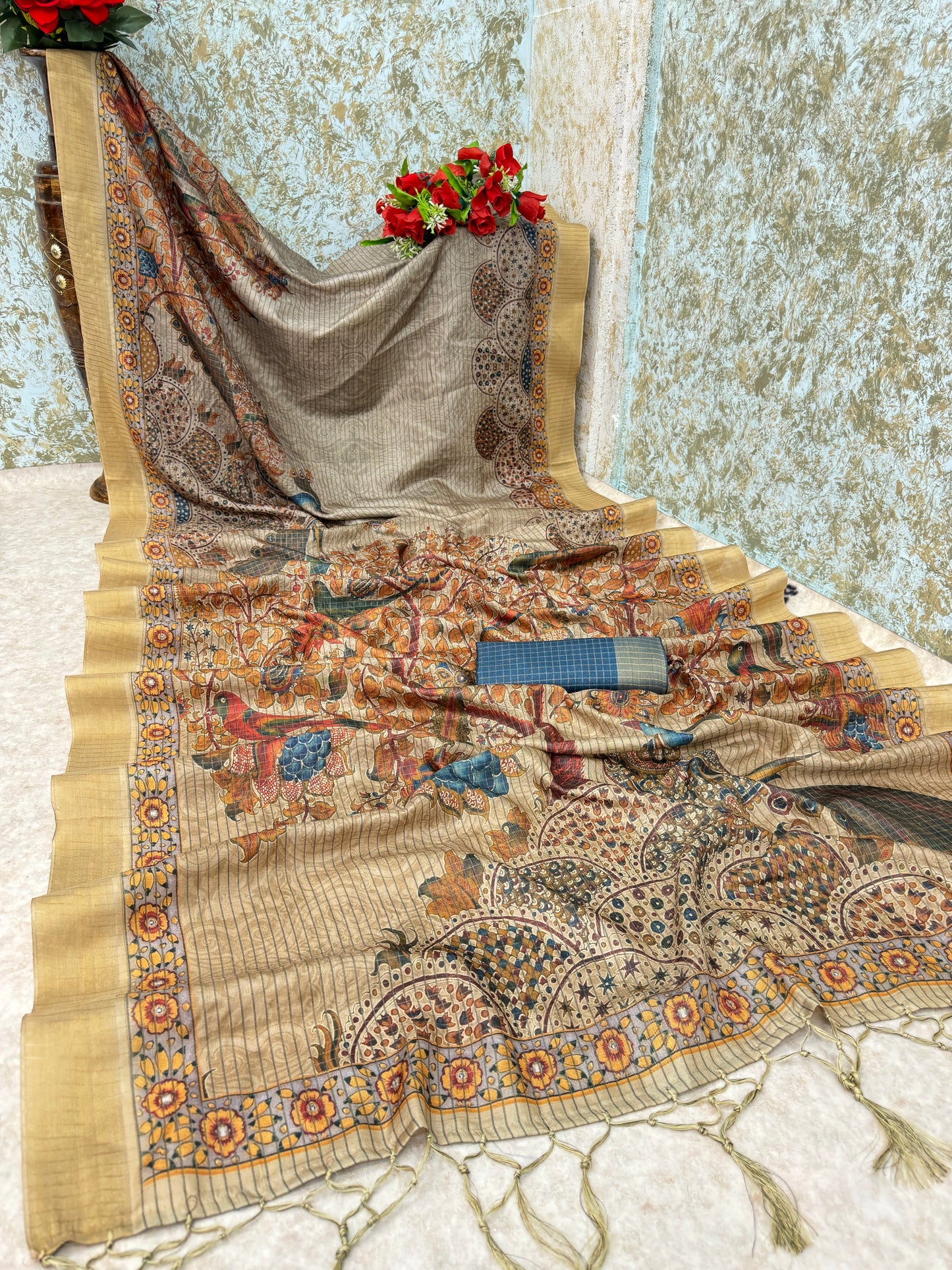 Handwoven Kalamkari Pallu Silk Saree with Majestic Peacock & Tree of Life Motif *PHMS 07*