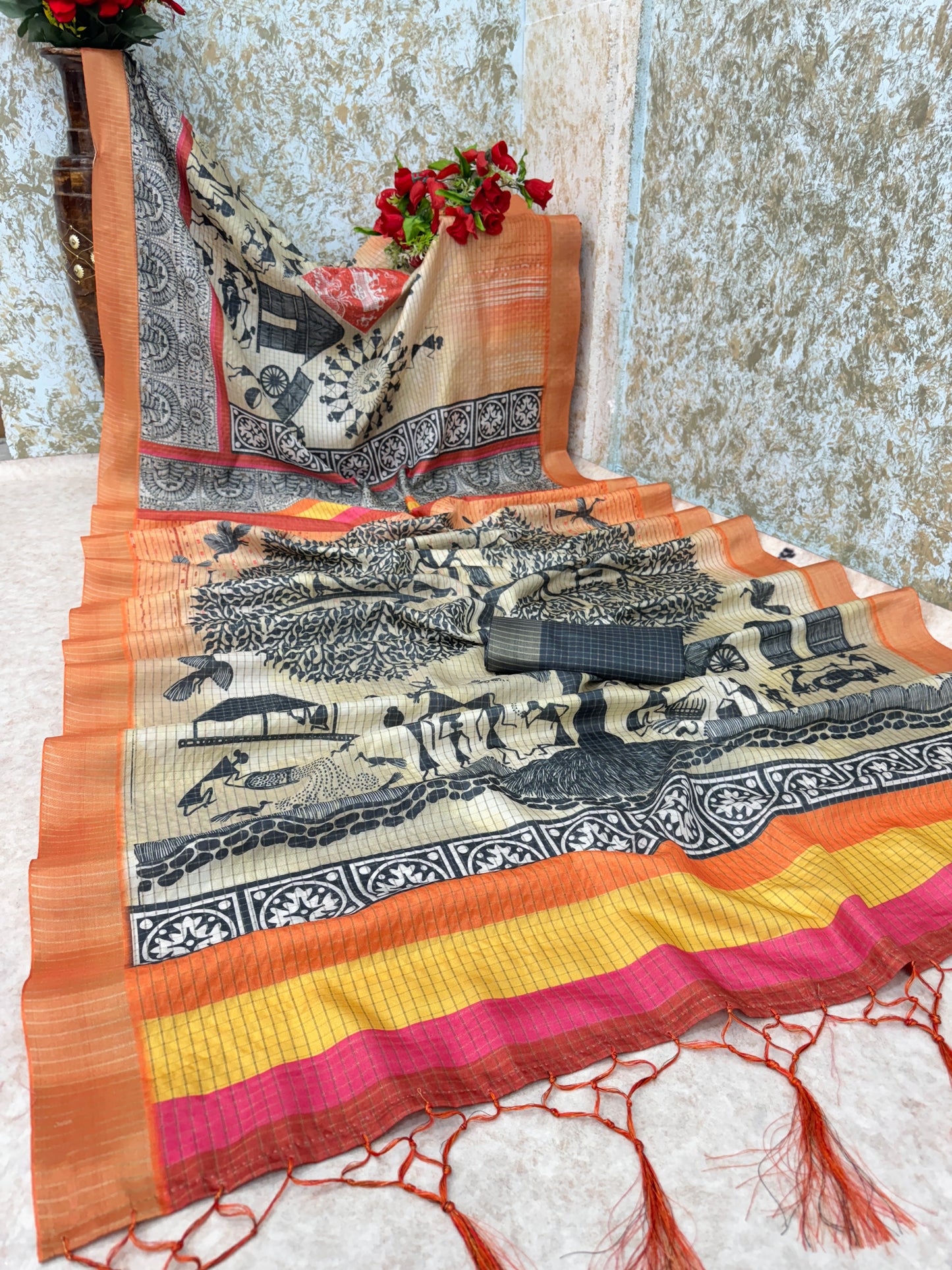 Tribal Art Inspired Mysore Silk Saree in Beige with Orange Border  *PHMS 19*
