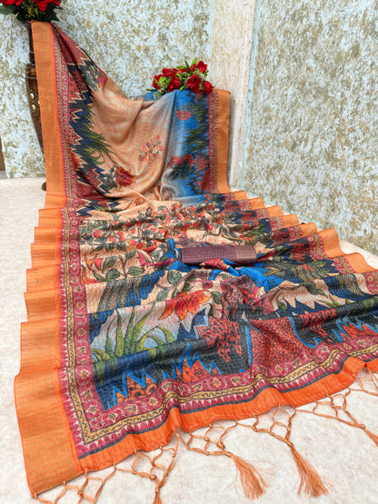 Peacock Paradise Mysore Silk Saree with Orange Border & Nature Motif *PHMS 20*