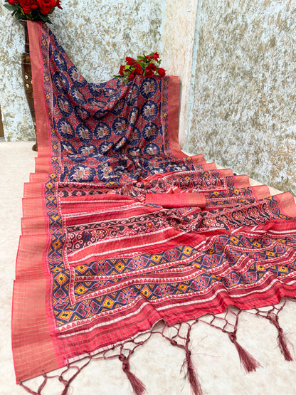 Handwoven Patola-Inspired Silk Saree in Navy Blue & Rust Red *PHMS 08*