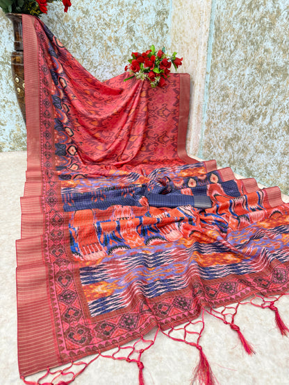 Peach & Blue Mysore Silk Saree with Ikat Print and Ornate Border *PHMS 11*