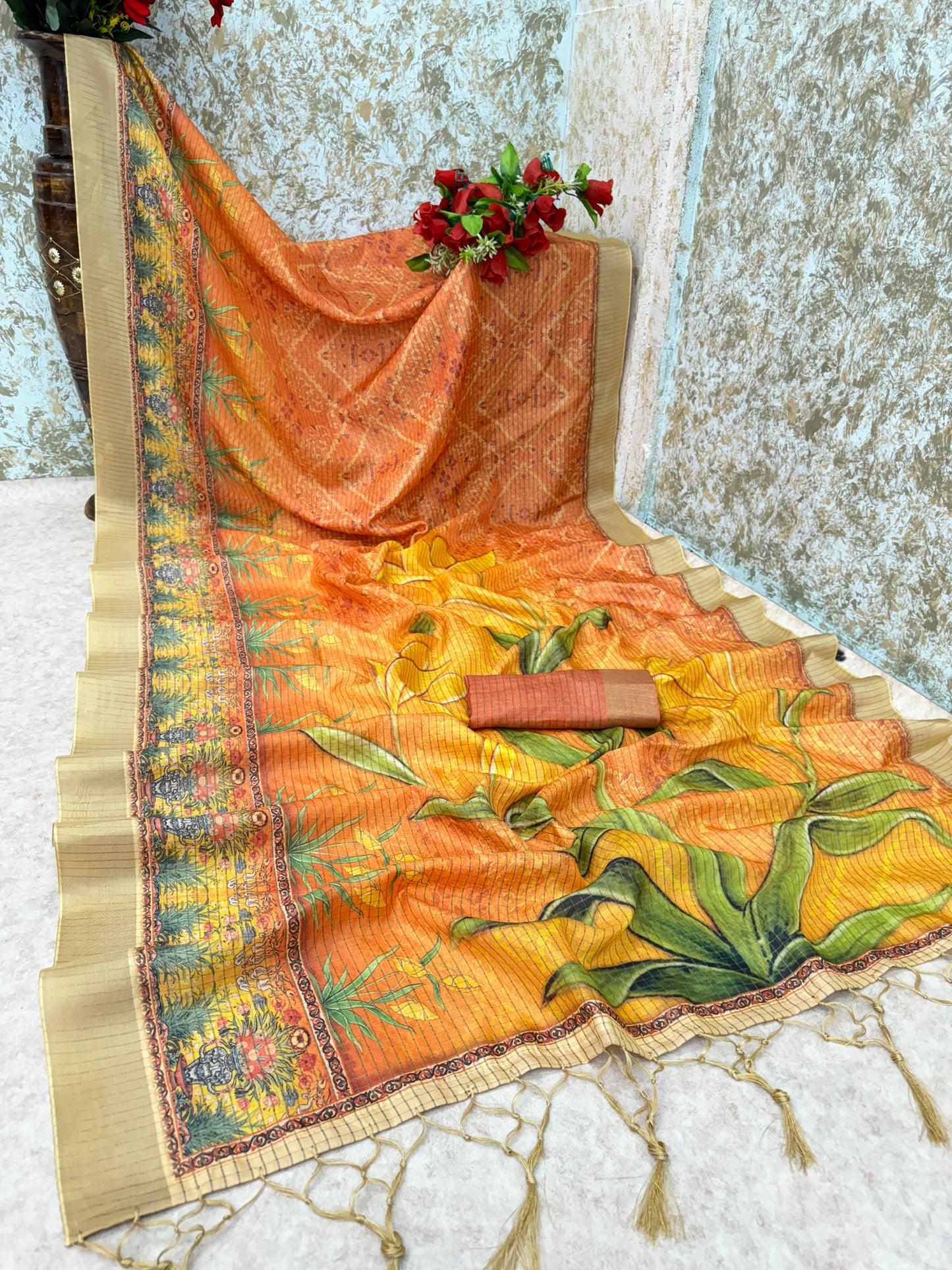 Vibrant Orange Floral Printed Mysore Silk Saree with Beige Border *PHMS 12*