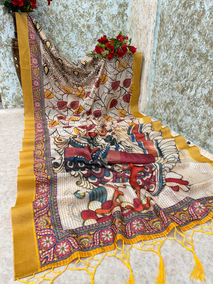 Madhubani Art Inspired Cream Mysore Silk Saree with Mustard Border *PHMS 13*