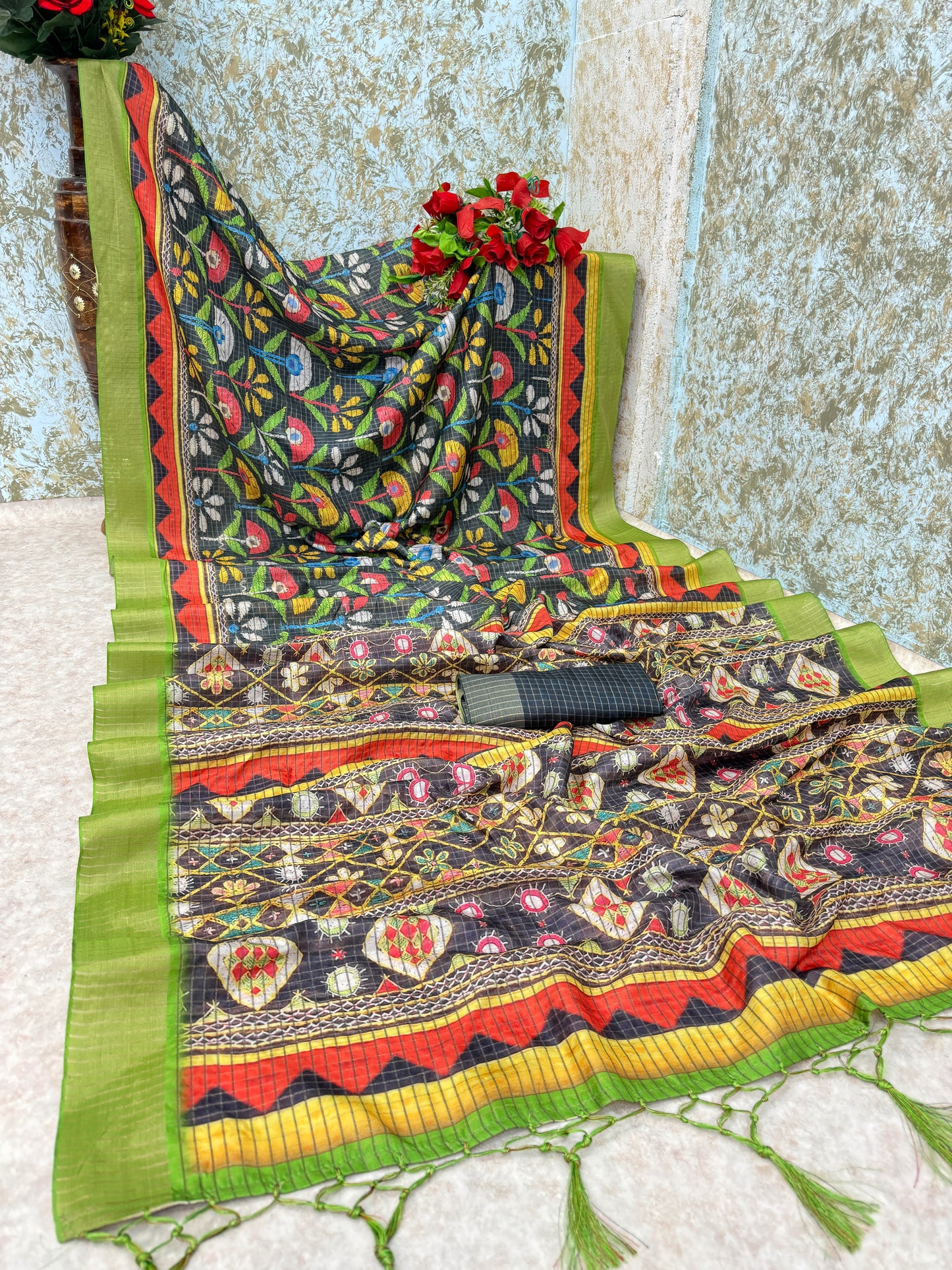 Vibrant Handloom Mysore Silk Saree with Multicolor Traditional Motifs & Green Border *PHMS 15*