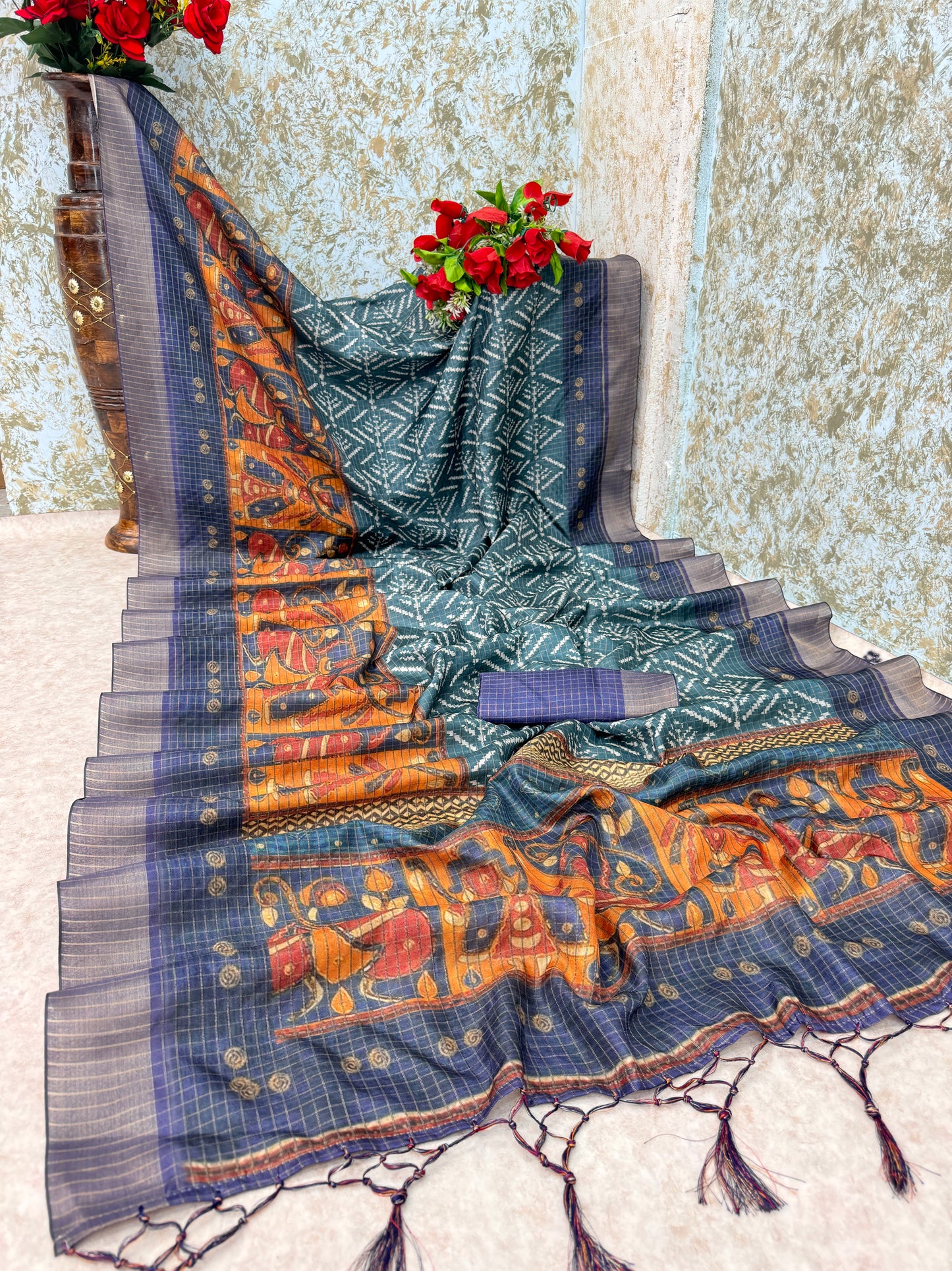 Elegant Handwoven Mysore Silk Saree with Traditional Ikat & Kalamkari Pallu *PHMS 06*