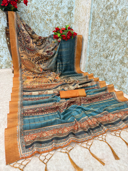 Elegant Kalamkari Print Mysore Silk Saree in Royal Blue & Mustard *PHMS 18*
