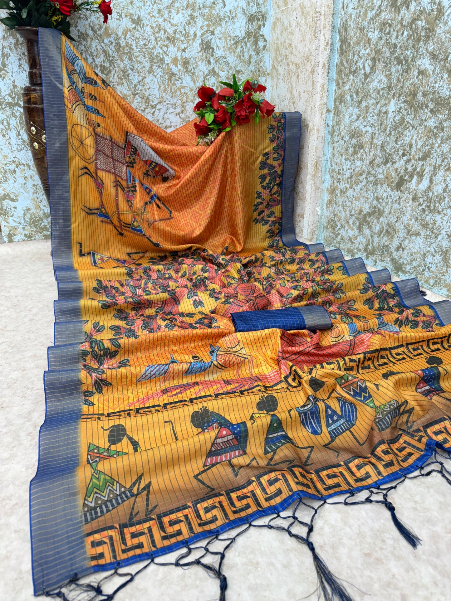 Tribal Art Inspired Orange Mysore Silk Saree with Tree & Village Motifs *PHMS 17*