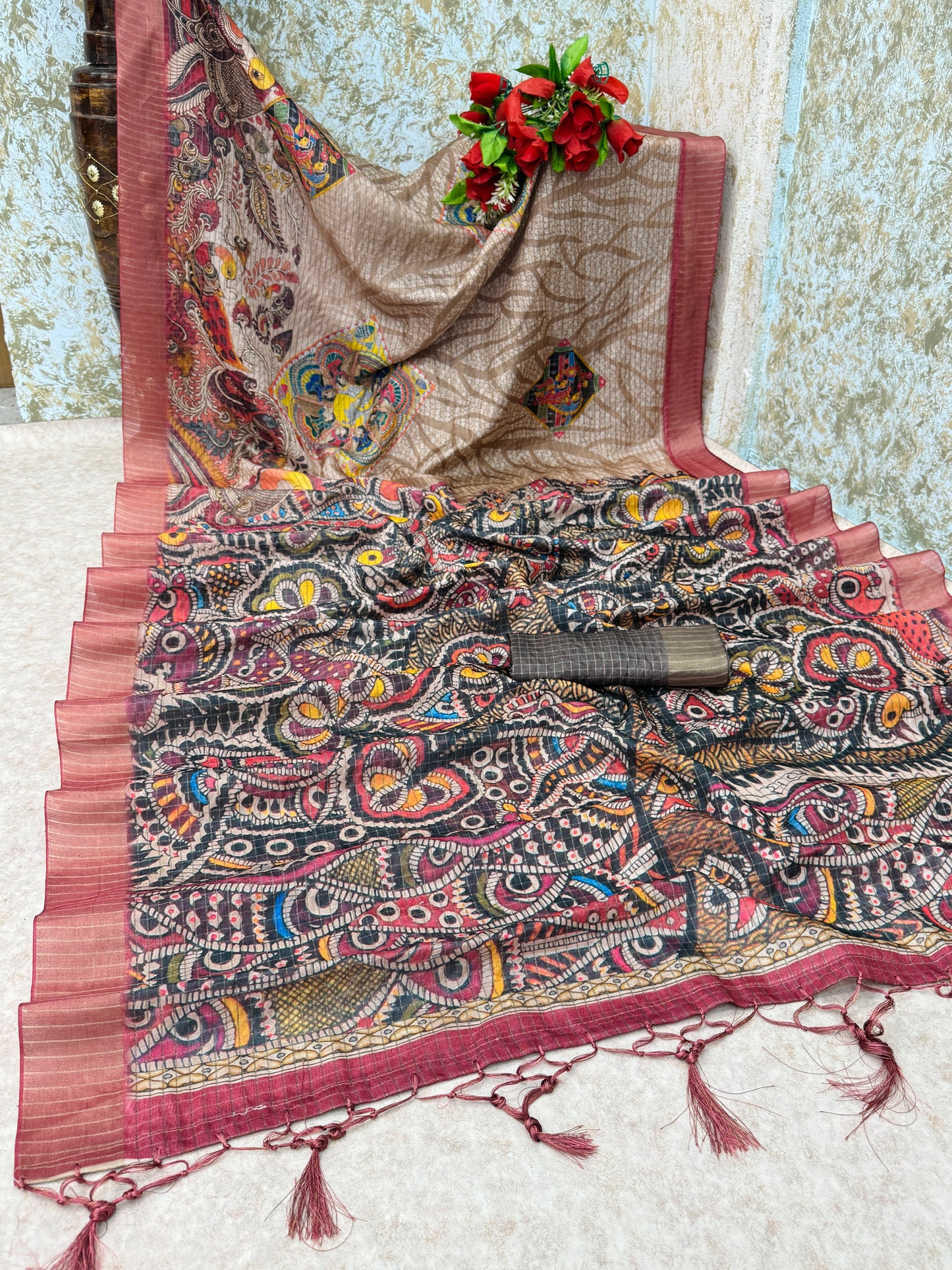 Handcrafted Madhubani-Inspired Silk Saree in Beige & Brown *PHMS 09*