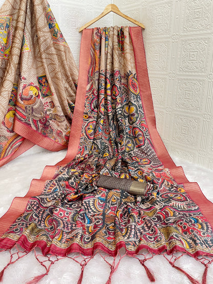 Handcrafted Madhubani-Inspired Silk Saree in Beige & Brown *PHMS 09*