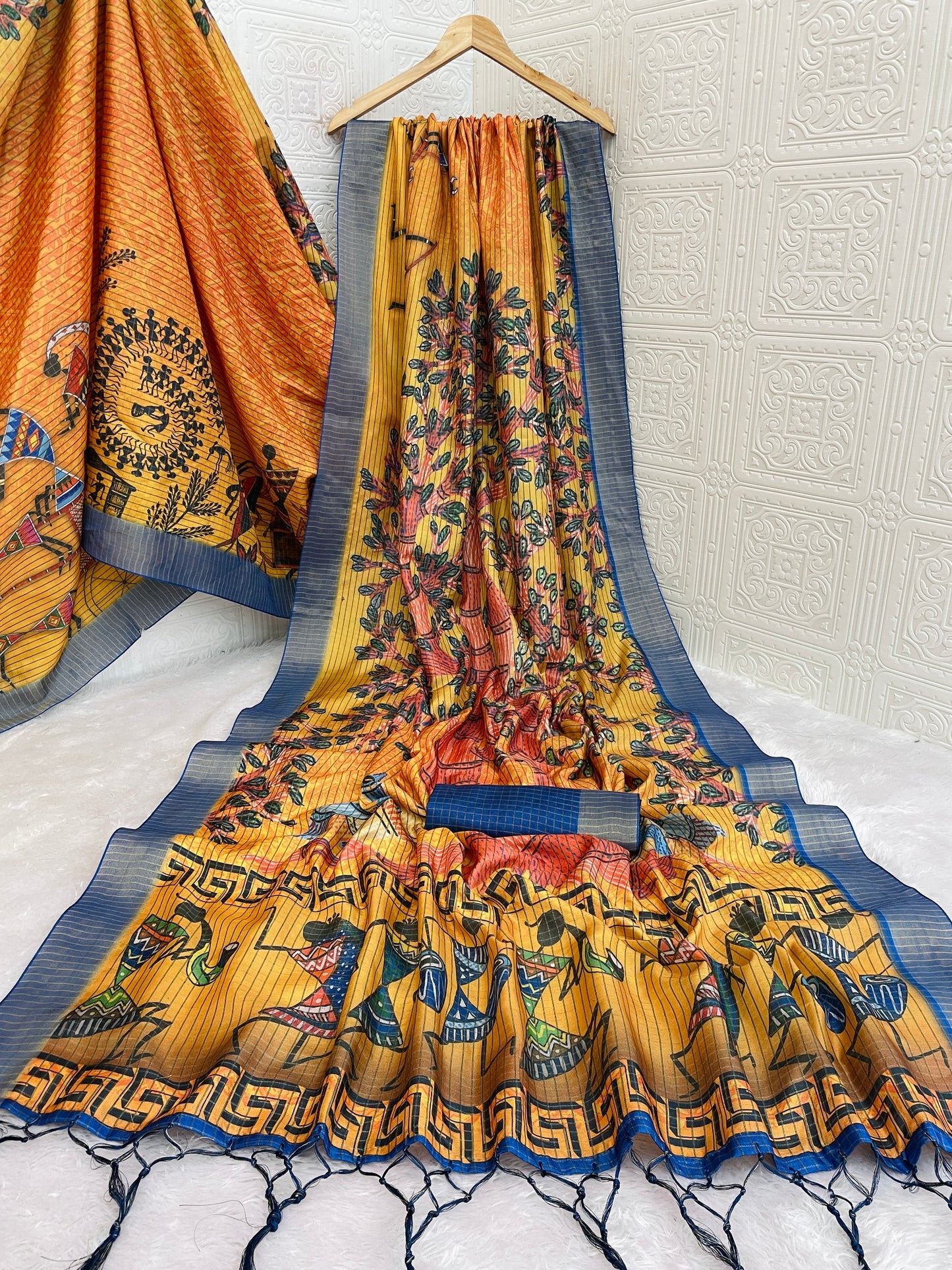 Tribal Art Inspired Orange Mysore Silk Saree with Tree & Village Motifs *PHMS 17*