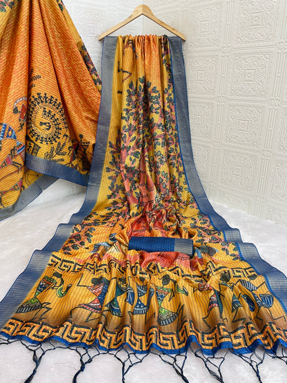 Tribal Art Inspired Orange Mysore Silk Saree with Tree & Village Motifs *PHMS 17*