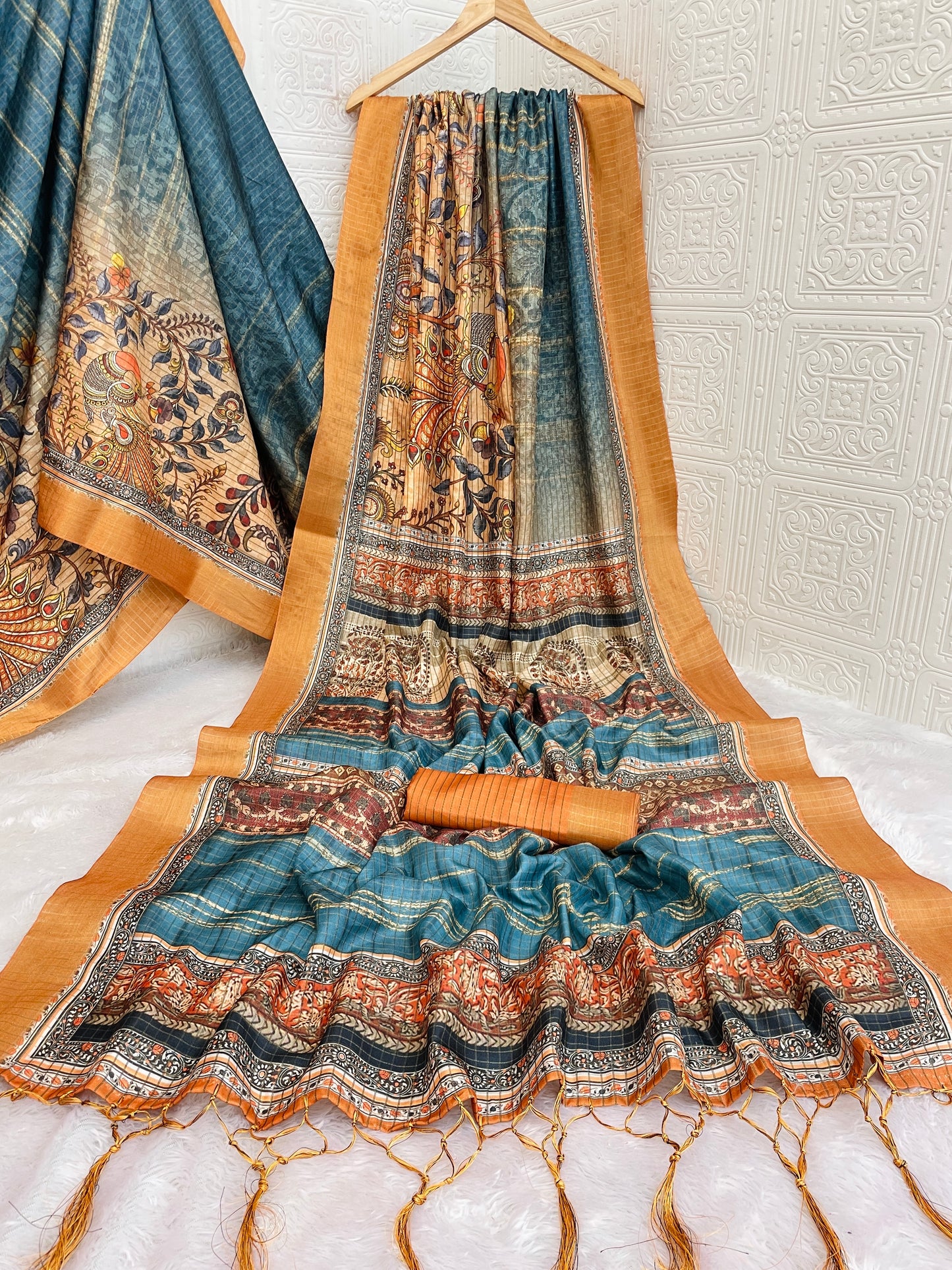 Elegant Kalamkari Print Mysore Silk Saree in Royal Blue & Mustard *PHMS 18*