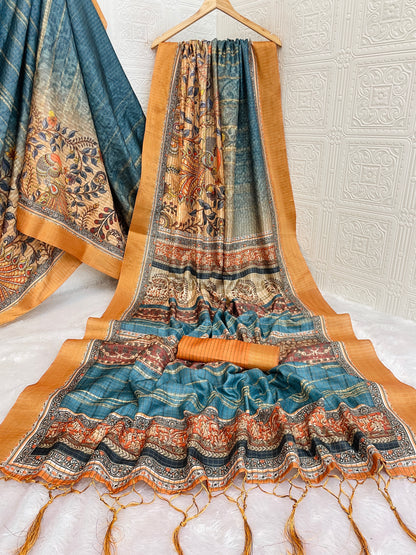 Elegant Kalamkari Print Mysore Silk Saree in Royal Blue & Mustard *PHMS 18*
