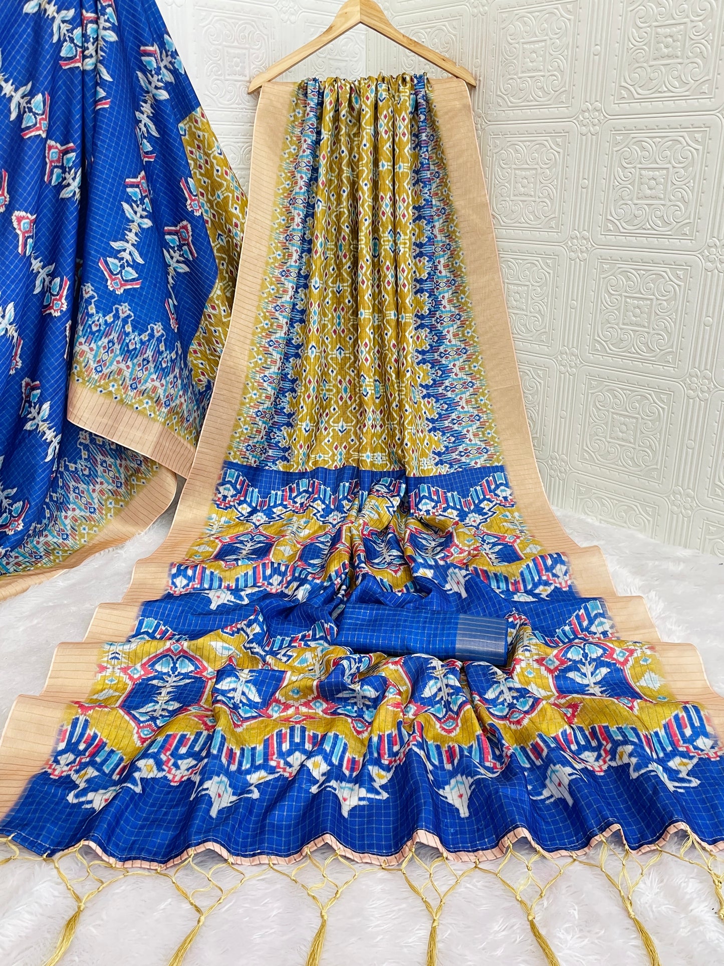 Vibrant Yellow & Royal Blue Mysore Silk Saree with Ikat-Inspired Geometric Pallu *PHMS 05*