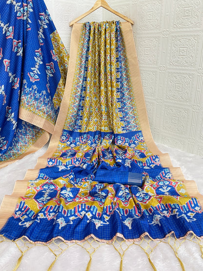 Vibrant Yellow & Royal Blue Mysore Silk Saree with Ikat-Inspired Geometric Pallu *PHMS 05*