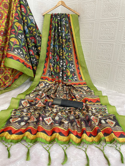 Vibrant Handloom Mysore Silk Saree with Multicolor Traditional Motifs & Green Border *PHMS 15*