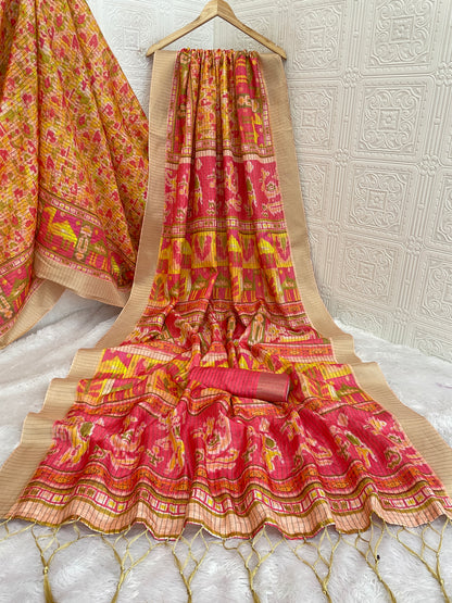 Vibrant Red-Yellow Patola Silk Saree with Traditional Ikat Motifs *PHMS 14*