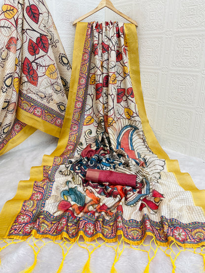 Madhubani Art Inspired Cream Mysore Silk Saree with Mustard Border *PHMS 13*