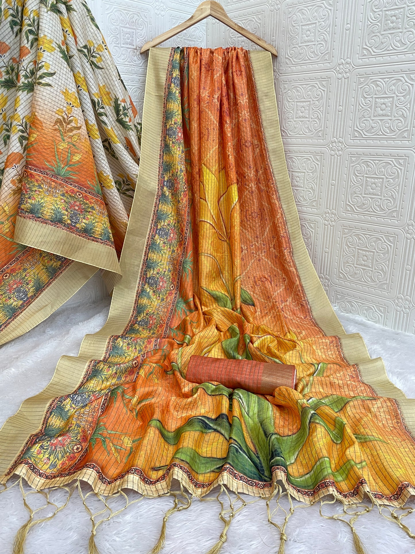 Vibrant Orange Floral Printed Mysore Silk Saree with Beige Border *PHMS 12*