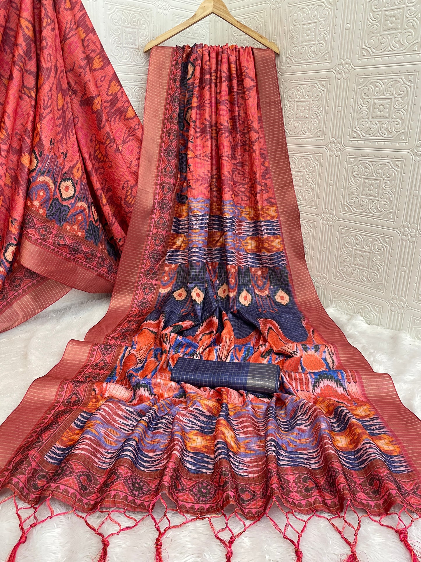 Peach & Blue Mysore Silk Saree with Ikat Print and Ornate Border *PHMS 11*