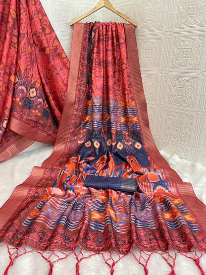 Peach & Blue Mysore Silk Saree with Ikat Print and Ornate Border *PHMS 11*