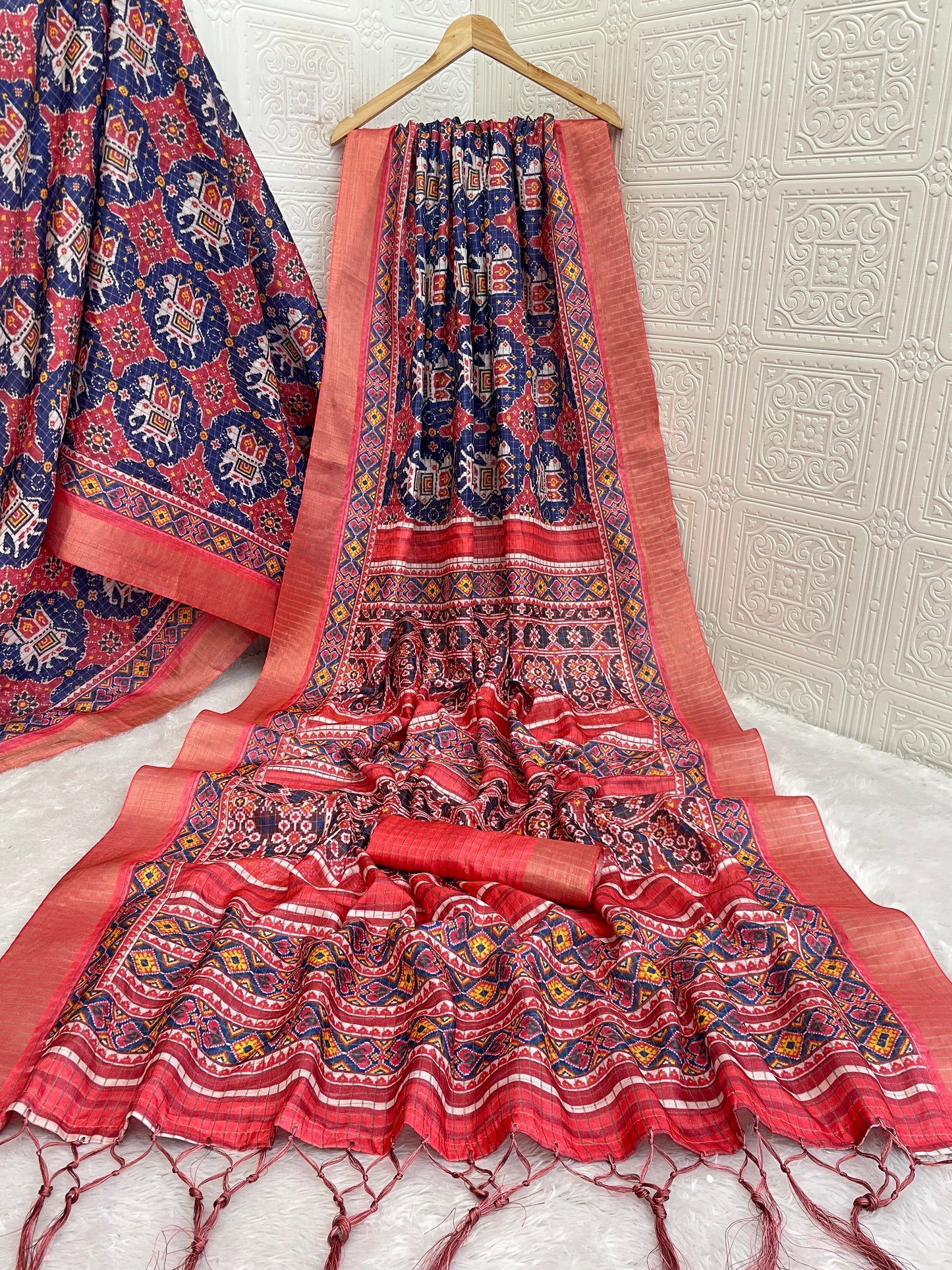 Handwoven Patola-Inspired Silk Saree in Navy Blue & Rust Red *PHMS 08*