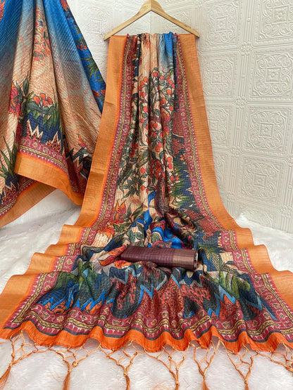 Peacock Paradise Mysore Silk Saree with Orange Border & Nature Motif *PHMS 20*