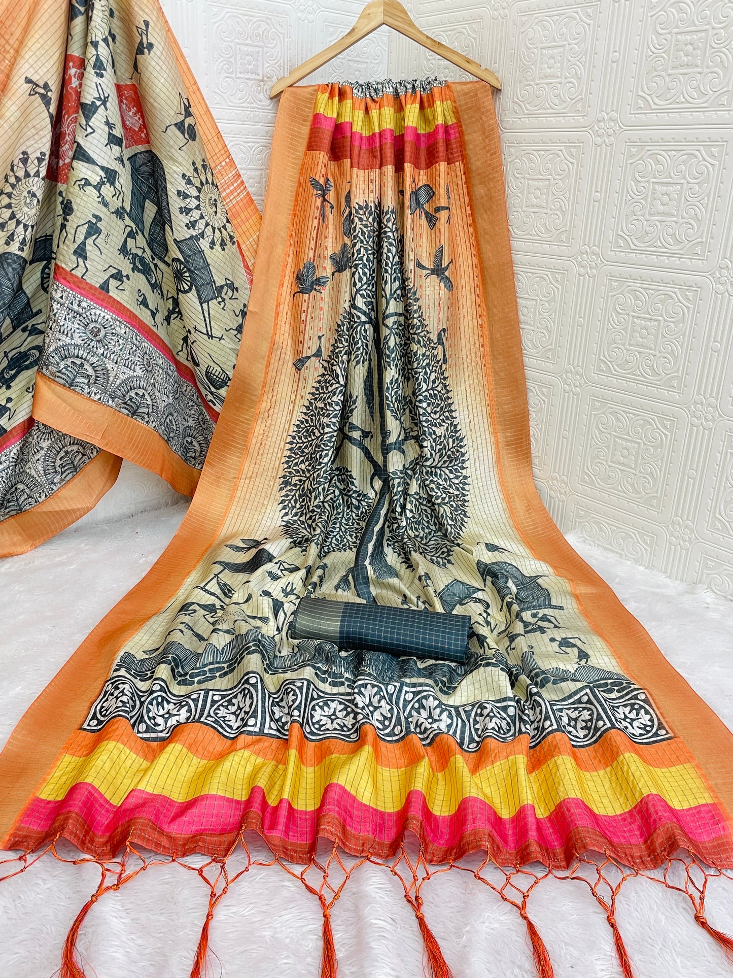 Tribal Art Inspired Mysore Silk Saree in Beige with Orange Border  *PHMS 19*