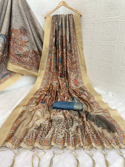Handwoven Kalamkari Pallu Silk Saree with Majestic Peacock & Tree of Life Motif *PHMS 07*