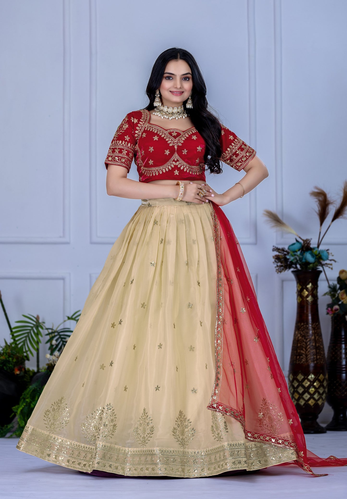 Elegant Red and Cream Embroidered Lehenga Choli with Net Dupatta & Golden Zari Work – Bridal & Party Wear Collection