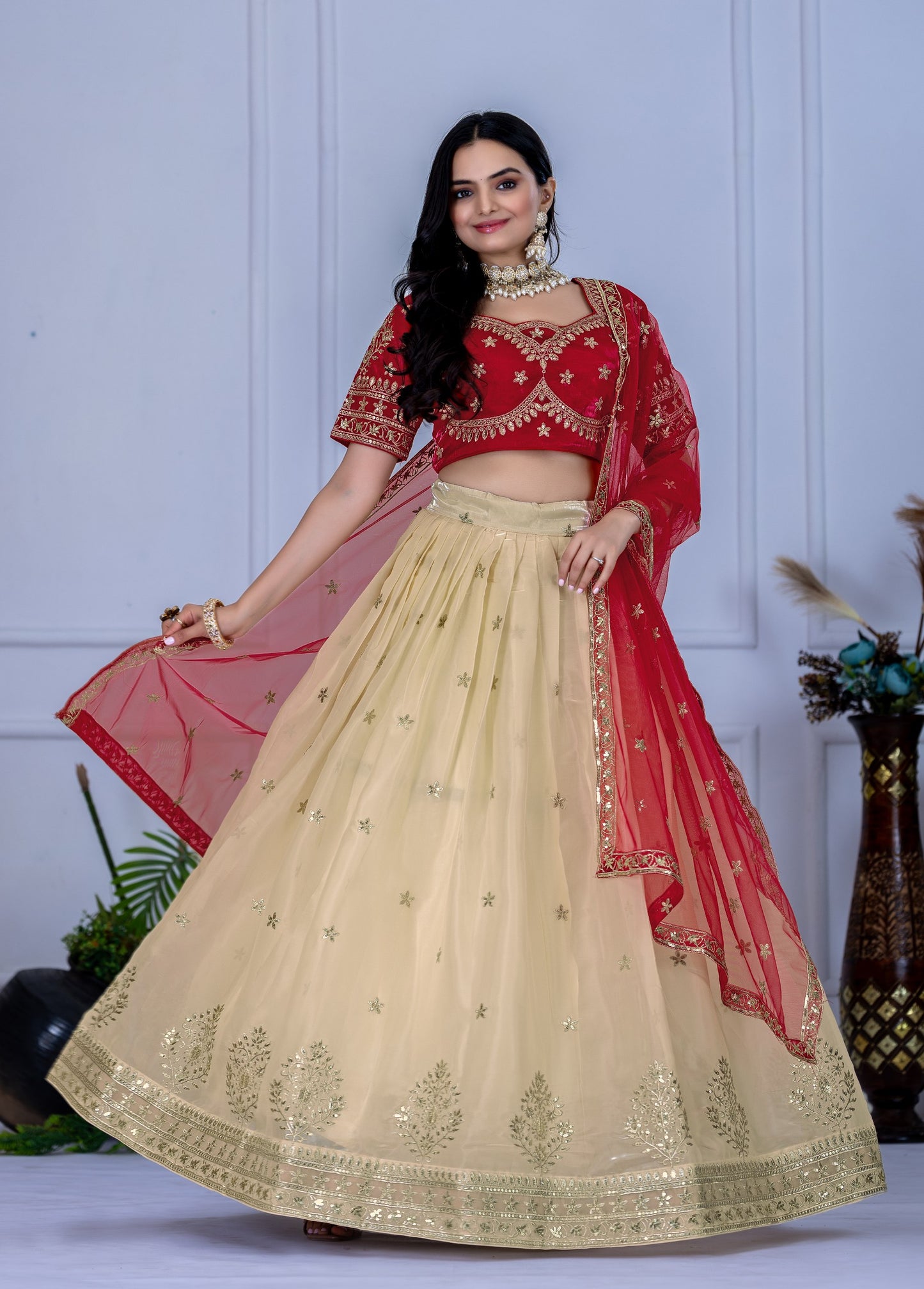 Elegant Red and Cream Embroidered Lehenga Choli with Net Dupatta & Golden Zari Work – Bridal & Party Wear Collection