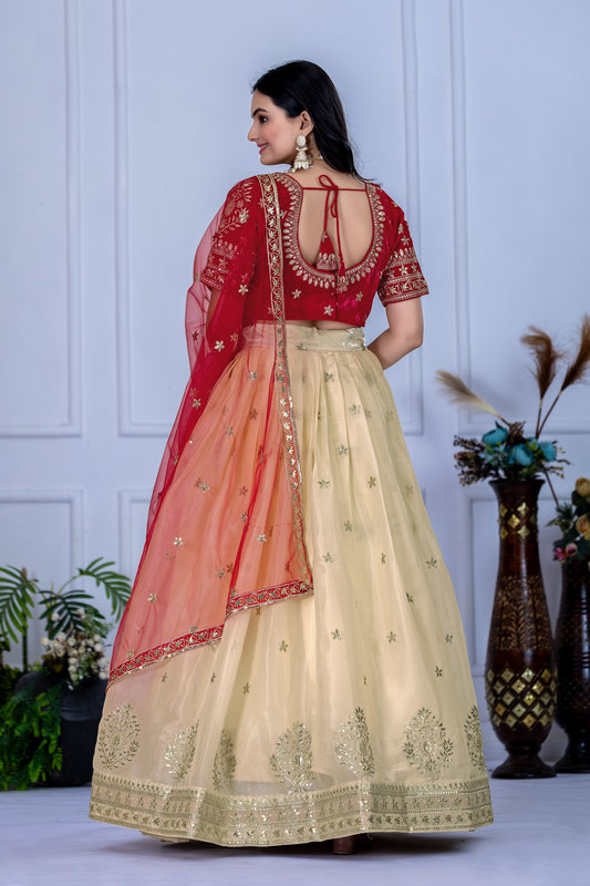 Elegant Red and Cream Embroidered Lehenga Choli with Net Dupatta & Golden Zari Work – Bridal & Party Wear Collection
